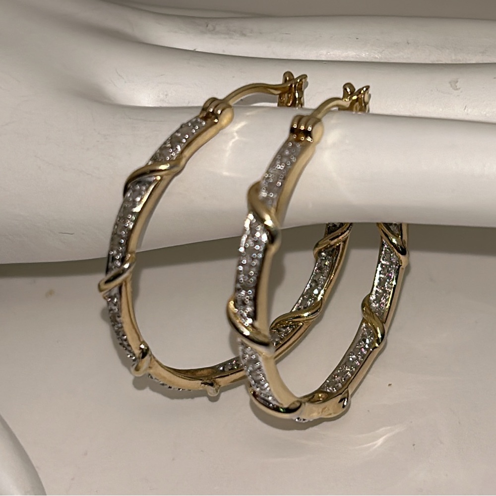 Bold Large Gold Plated 925 Inside Outside Natural Diamond Round Hoop Earrings